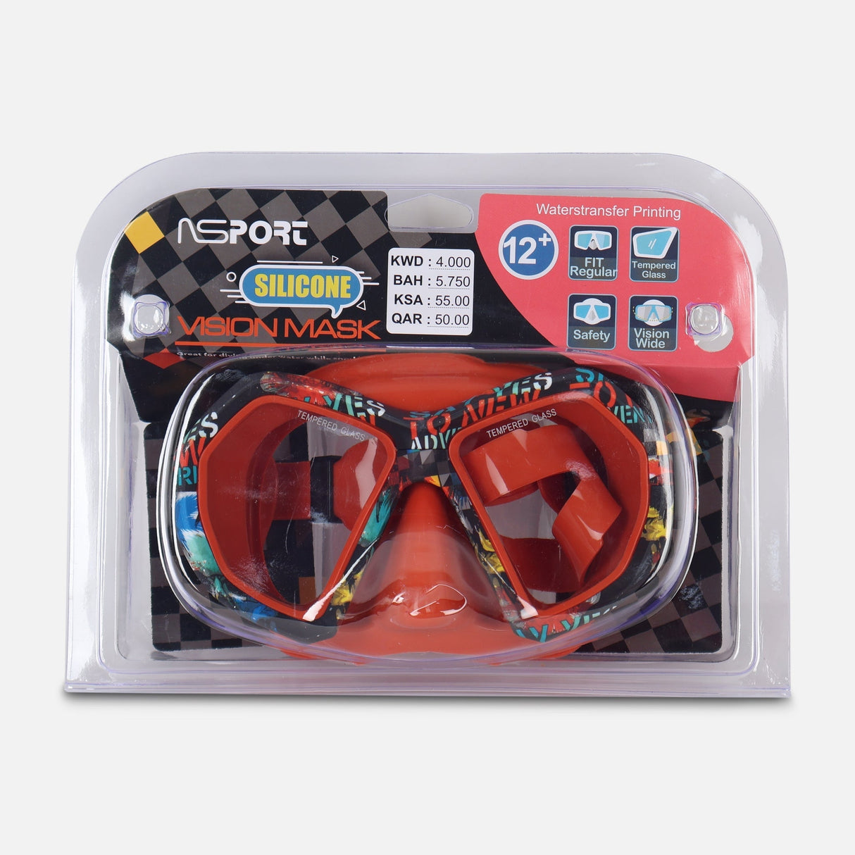 SWIM MASK TEMPERED GLASS LENS SILICONE MASK & STRAP(+12Y)