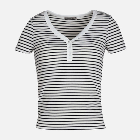 WOMEN RIB BUTTONED STRIPED TEE