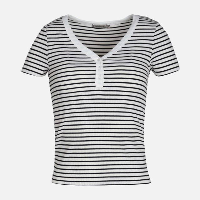 WOMEN RIB BUTTONED STRIPED TEE