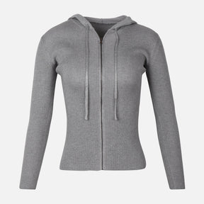 WOMEN FULLZIPPER RIBBED HOODED CARDIGAN