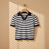 Women Striped Knit Polo T-Shirt