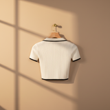Women Cable Knit Open Collar Polo T-Shirt