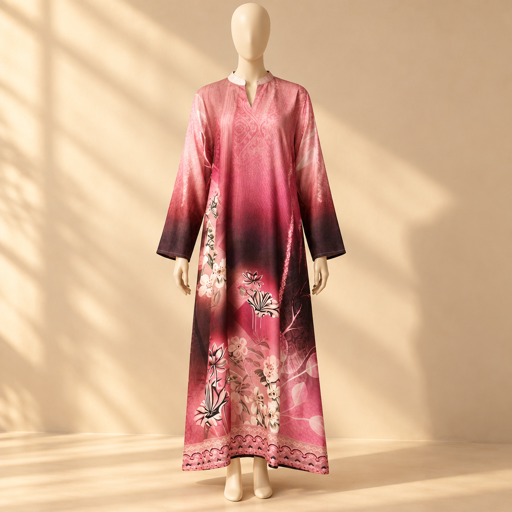 Rayon D-Print Midi Gown Long Sleeve