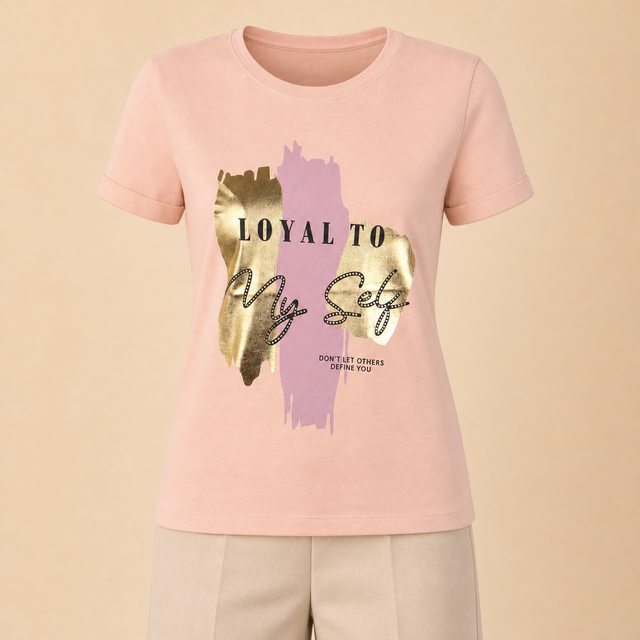 BFSUR137 WOMEN'S ROLLED SLV GRAPHIC TEE / BFSUR137 WOMEN'S R - PEACH - on model